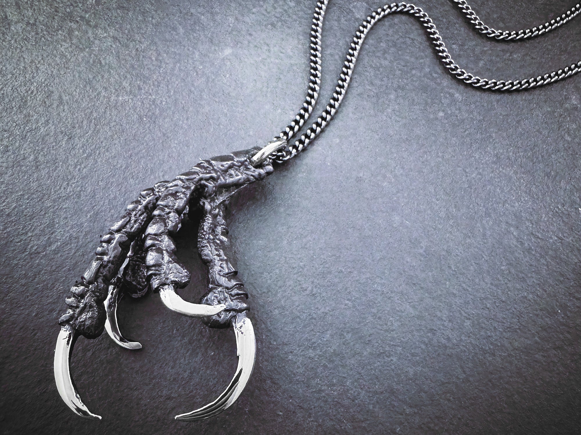 Black Crow Claw Necklace - Oxidized Silver