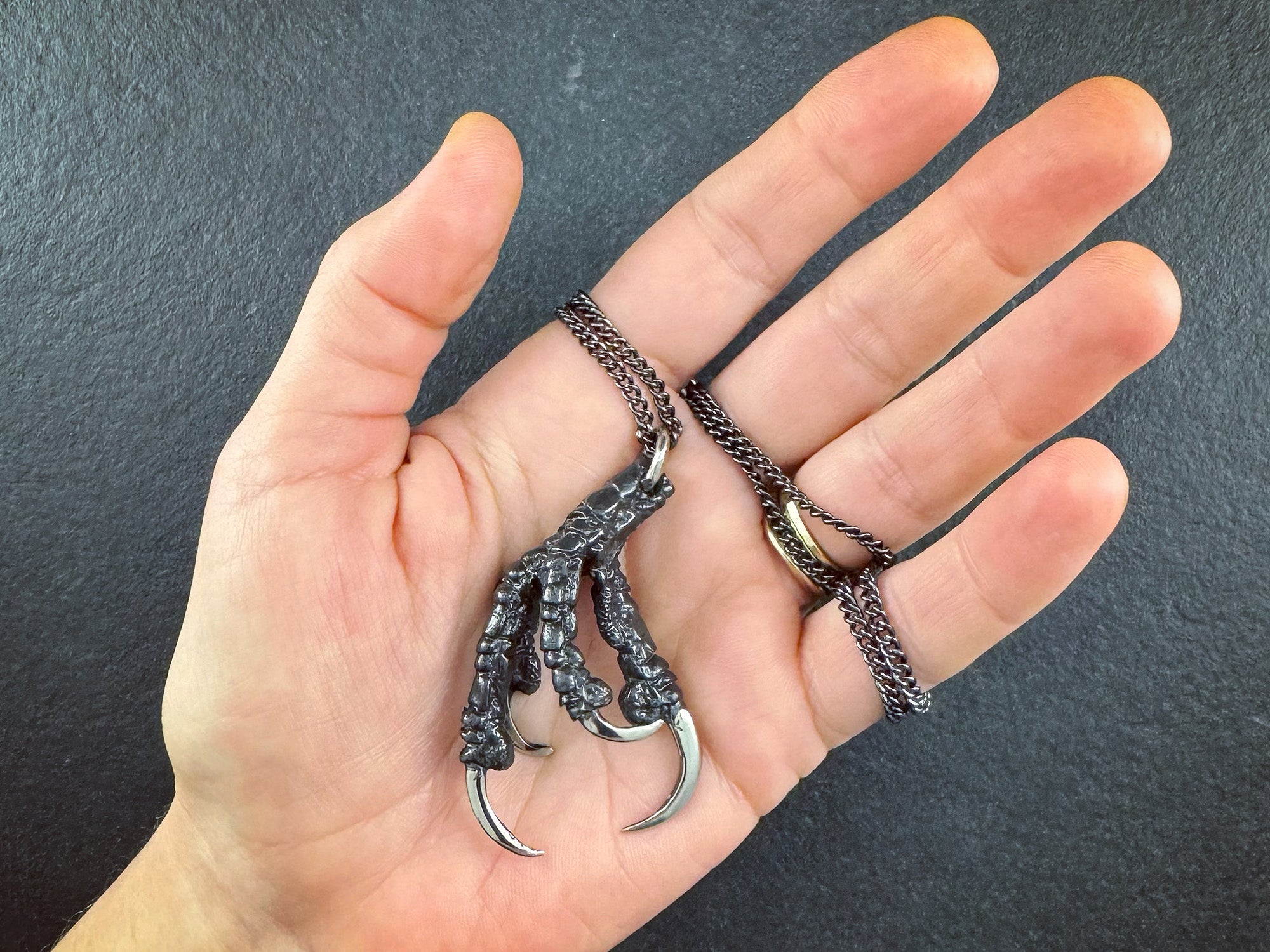 Black Crow Claw Necklace - Oxidized Silver