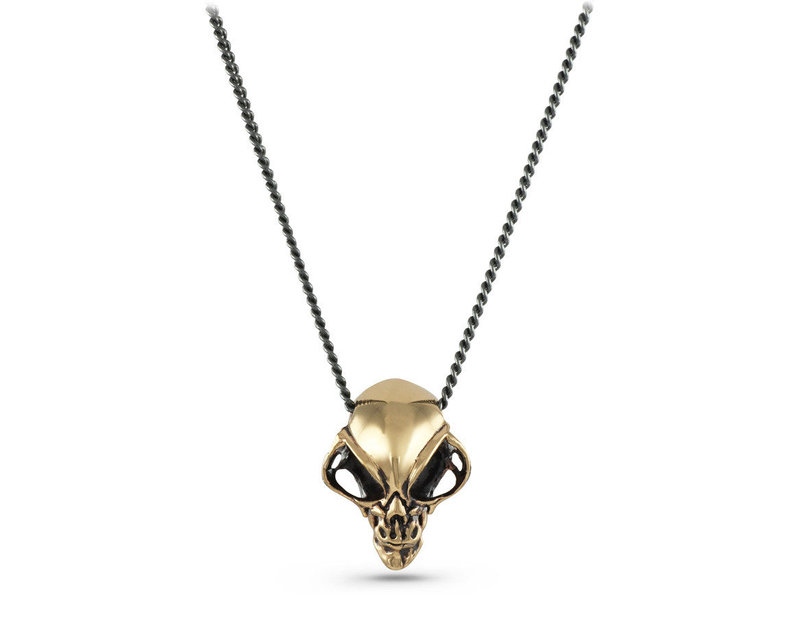 Alien Skull Necklace in Bronze - shown on gunmetal chain