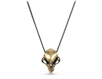 Alien Skull Necklace in Bronze - shown on gunmetal chain