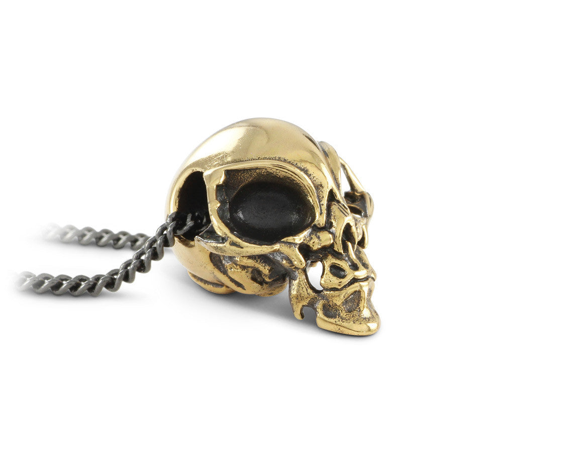 Alien Skull Necklace in Bronze - shown on gunmetal chain