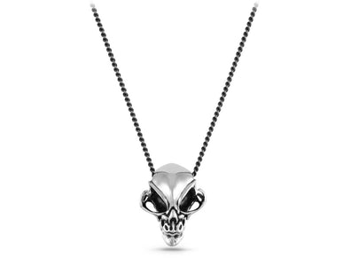 Alien Skull Necklace in Silver - shown on gunmetal chain