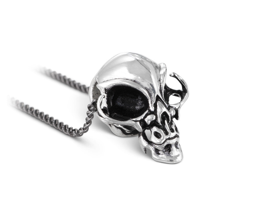 Alien Skull Necklace in Silver - shown on gunmetal chain