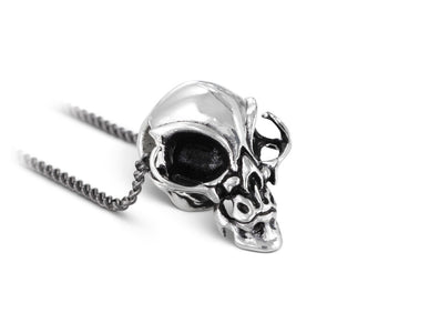 Alien Skull Necklace in Silver - shown on gunmetal chain