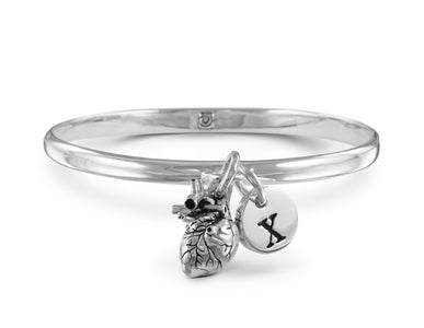 Anatomical Heart Bangle with Initial Charm in Silver