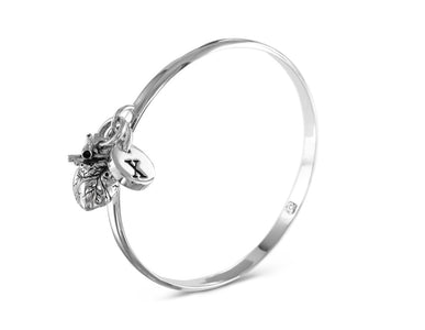 Anatomical Heart Bangle with Initial Charm in Silver