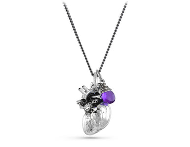 Anatomical Heart Necklace with Amethyst in Silver - shown on gunmetal chain