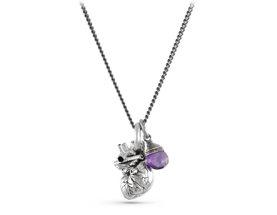 Small Anatomical Heart Necklace with Amethyst in Silver - shown on gunmetal chain