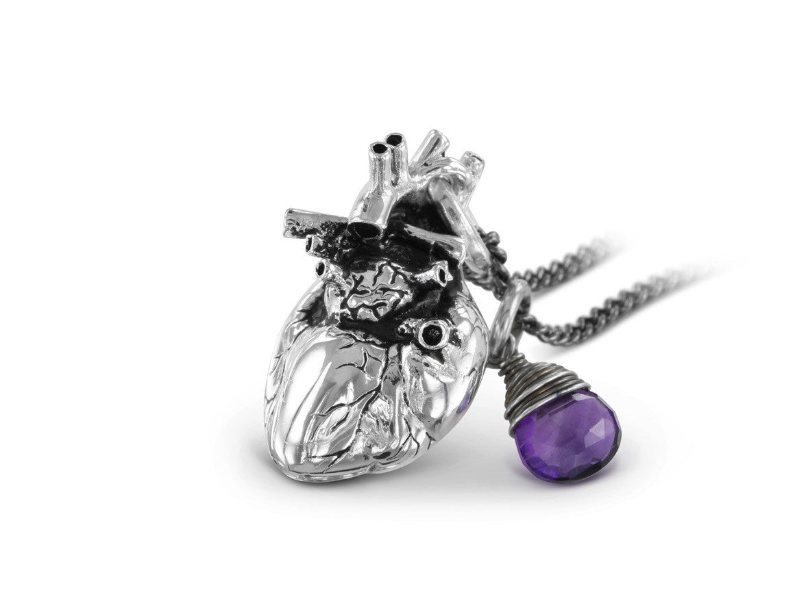 Anatomical Heart Necklace with Amethyst in Silver - shown on gunmetal chain