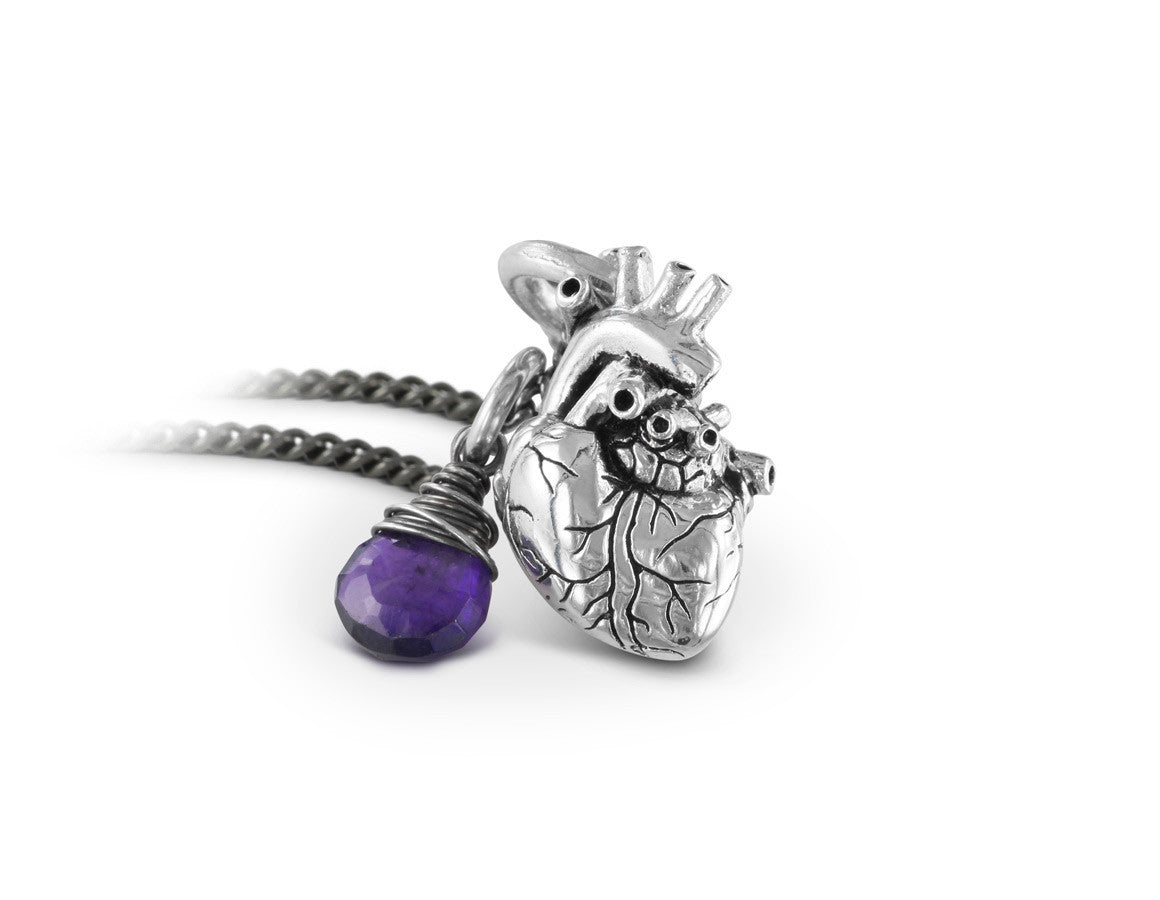 Small Anatomical Heart Necklace with Amethyst in Silver - shown on gunmetal chain