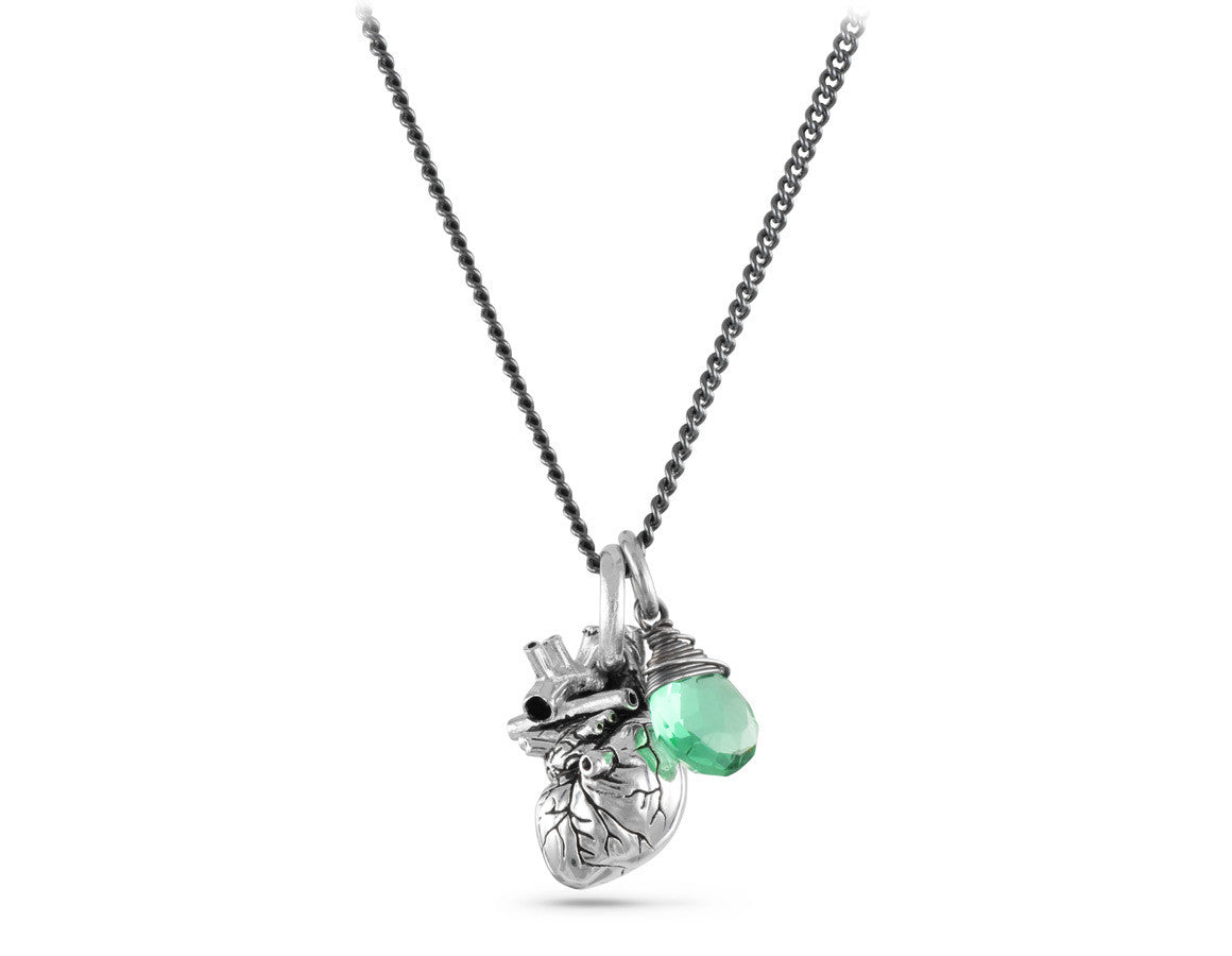 Small Anatomical Heart Necklace with Aquamarine in Silver - shown on gunmetal chain