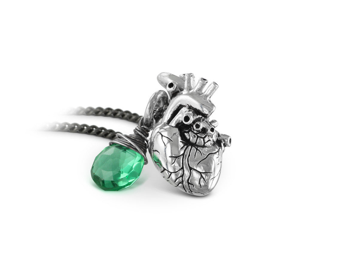 Small Anatomical Heart Necklace with Aquamarine in Silver - shown on gunmetal chain