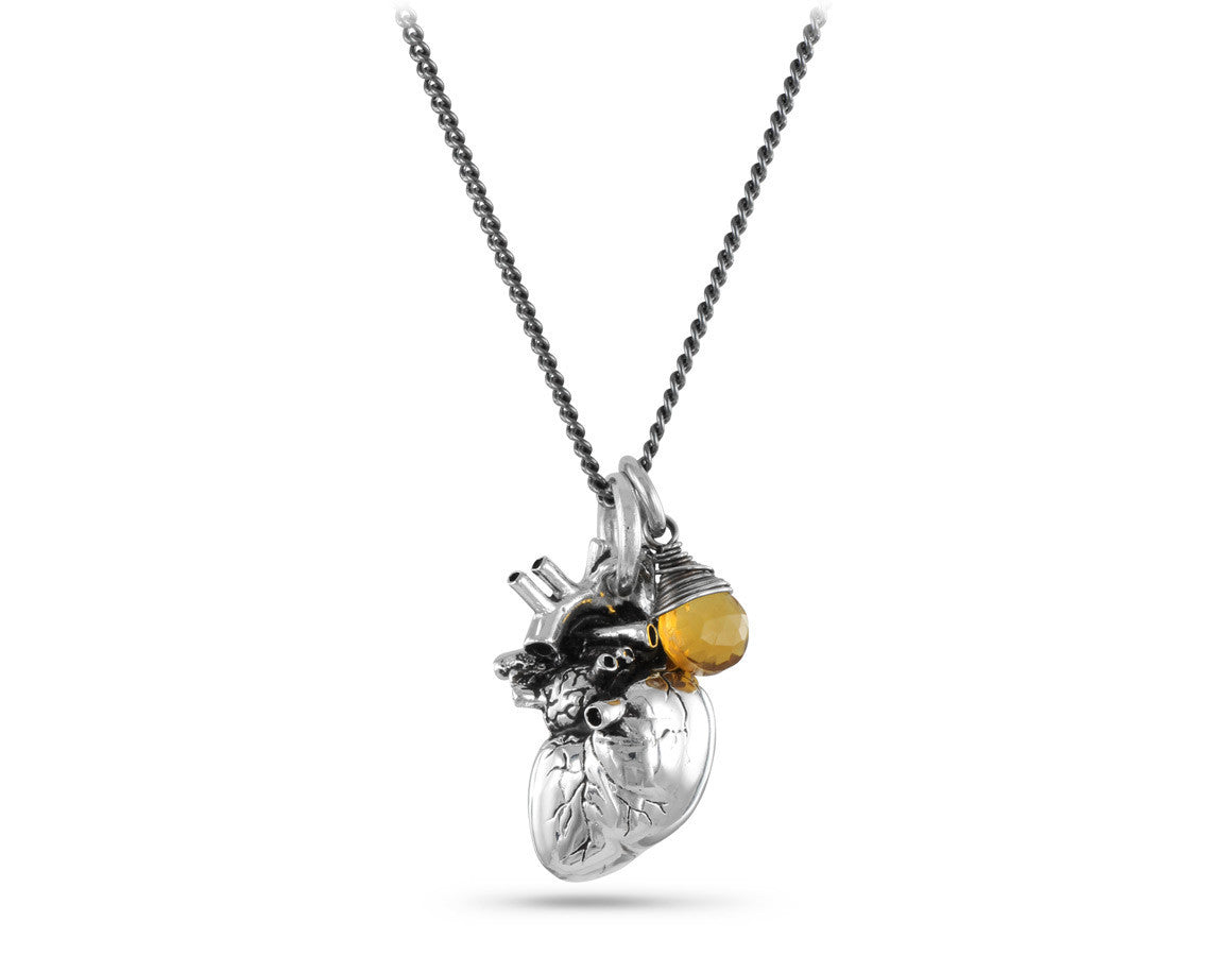 Anatomical Heart Necklace with Citrine in Silver - shown on gunmetal chain