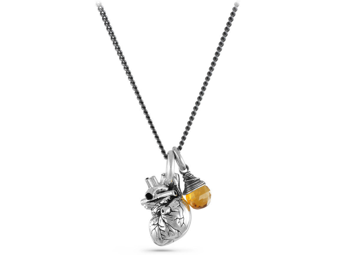 Small Anatomical Heart Necklace with Citrine in Silver - shown on gunmetal chain