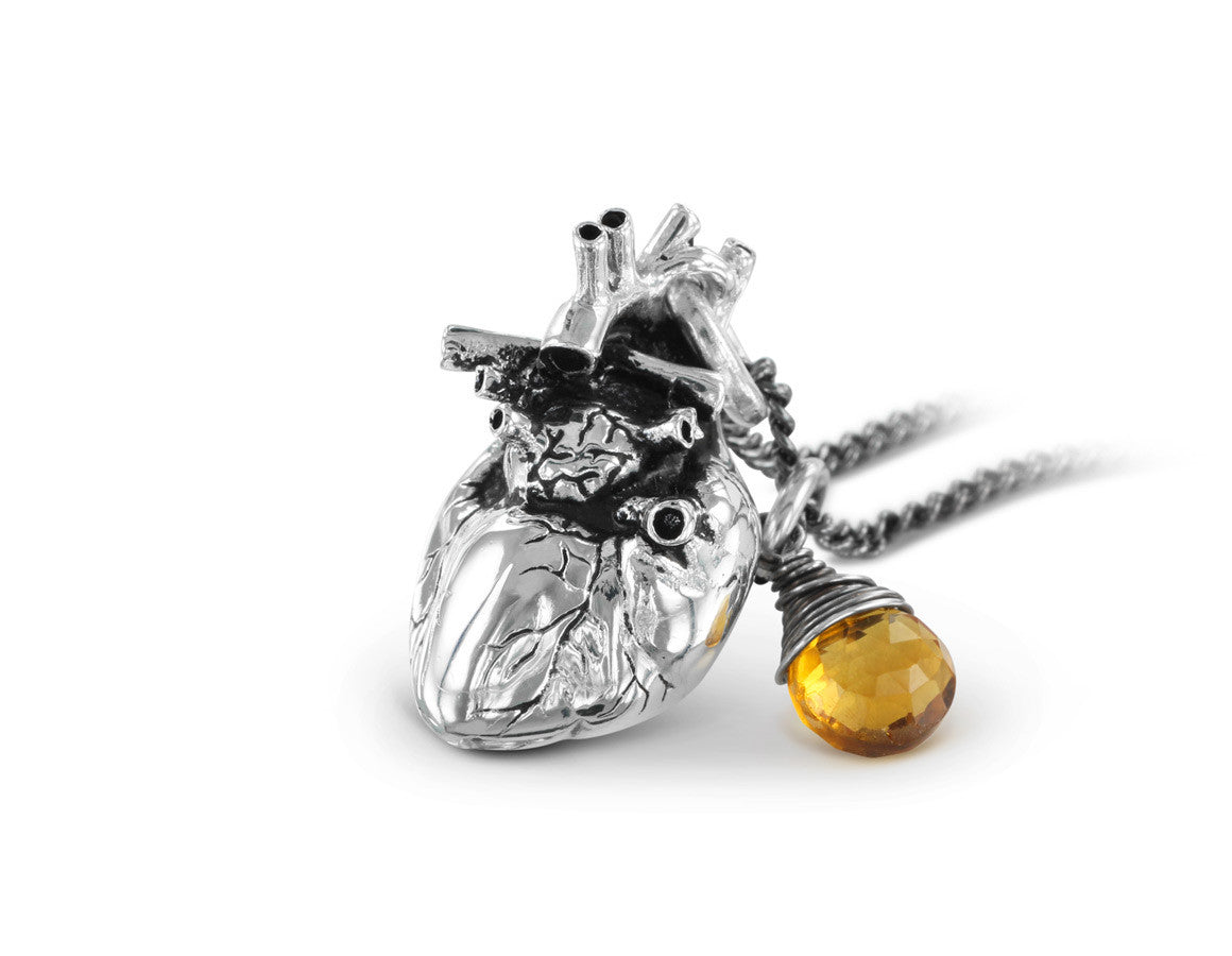 Anatomical Heart Necklace with Citrine in Silver - shown on gunmetal chain