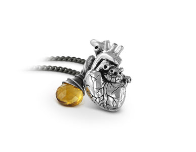 Small Anatomical Heart Necklace with Citrine in Silver - shown on gunmetal chain