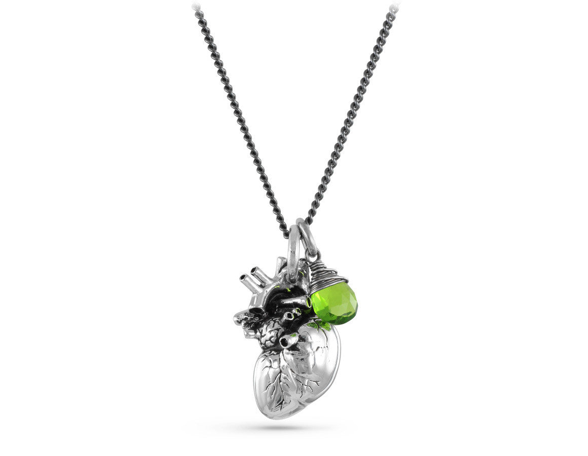 Anatomical Heart Necklace with Emerald in Silver  - shown on gunmetal chain