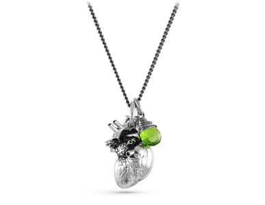 Anatomical Heart Necklace with Emerald in Silver  - shown on gunmetal chain