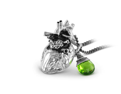 Anatomical Heart Necklace with Emerald in Silver  - shown on gunmetal chain