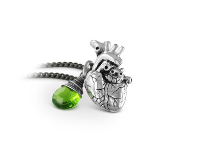 Small Anatomical Heart Necklace with Emerald in Silver - shown on gunmetal chain