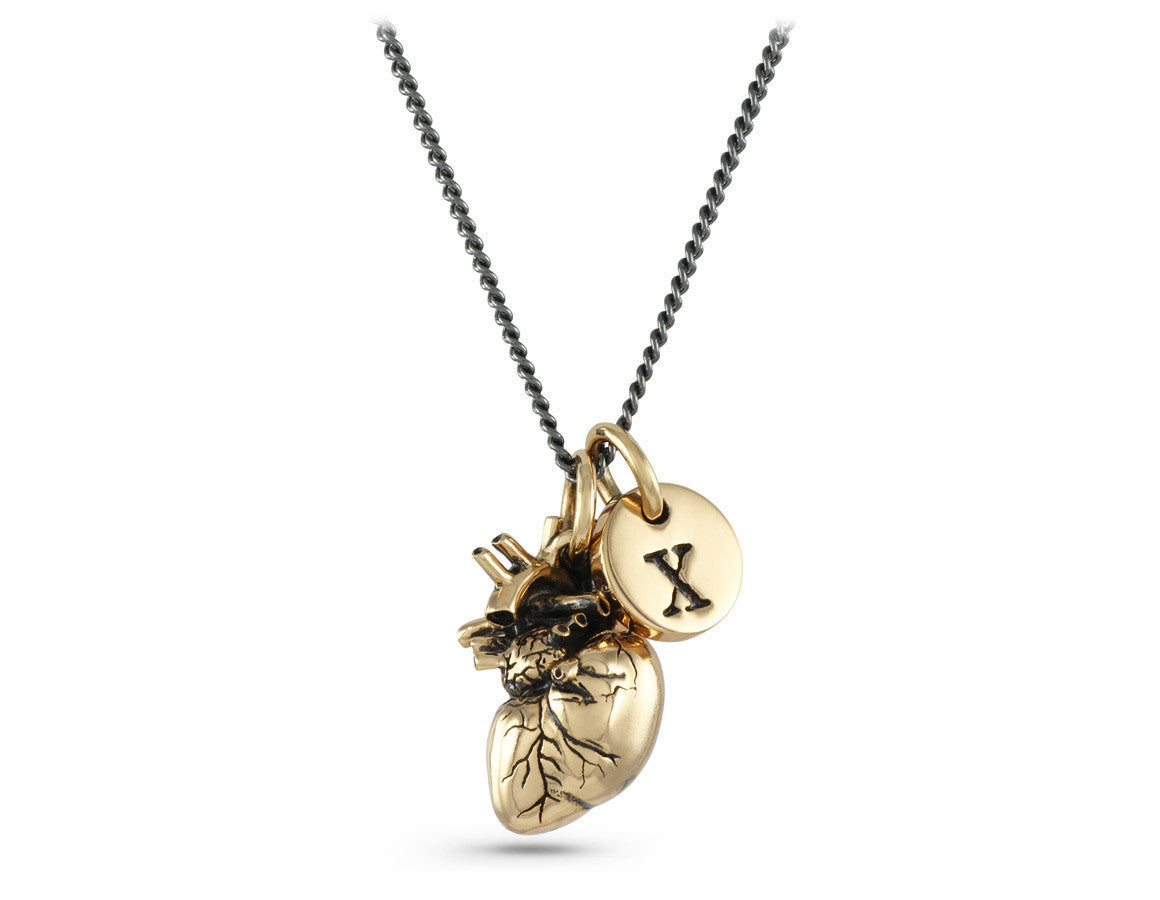 Anatomical Heart Necklace with Initial Charm in Bronze - shown on gunmetal chain