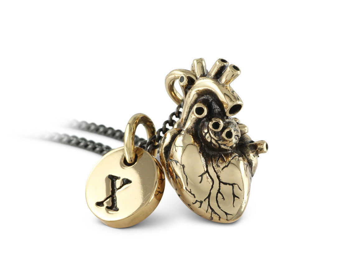 Anatomical Heart Necklace with Initial Charm in Bronze - shown on gunmetal chain