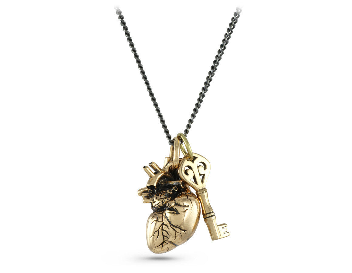 Anatomical Heart & Key Necklace in Bronze - shown on gunmetal chain