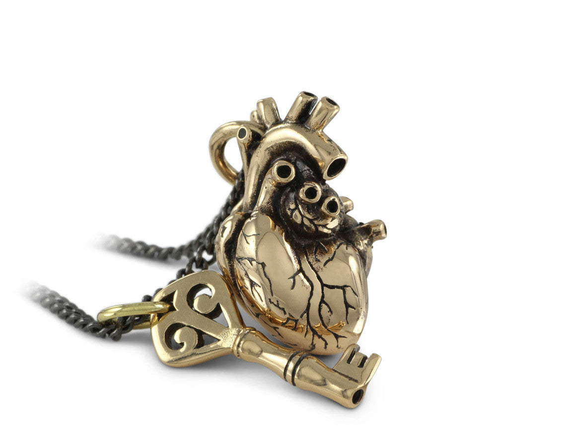 Anatomical Heart & Key Necklace in Bronze - shown on gunmetal chain