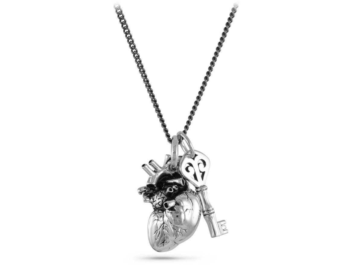 Anatomical Heart & Key Necklace in Silver - shown on gunmetal chain