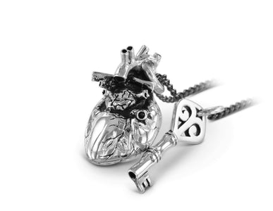 Anatomical Heart & Key Necklace in Silver - shown on gunmetal chain