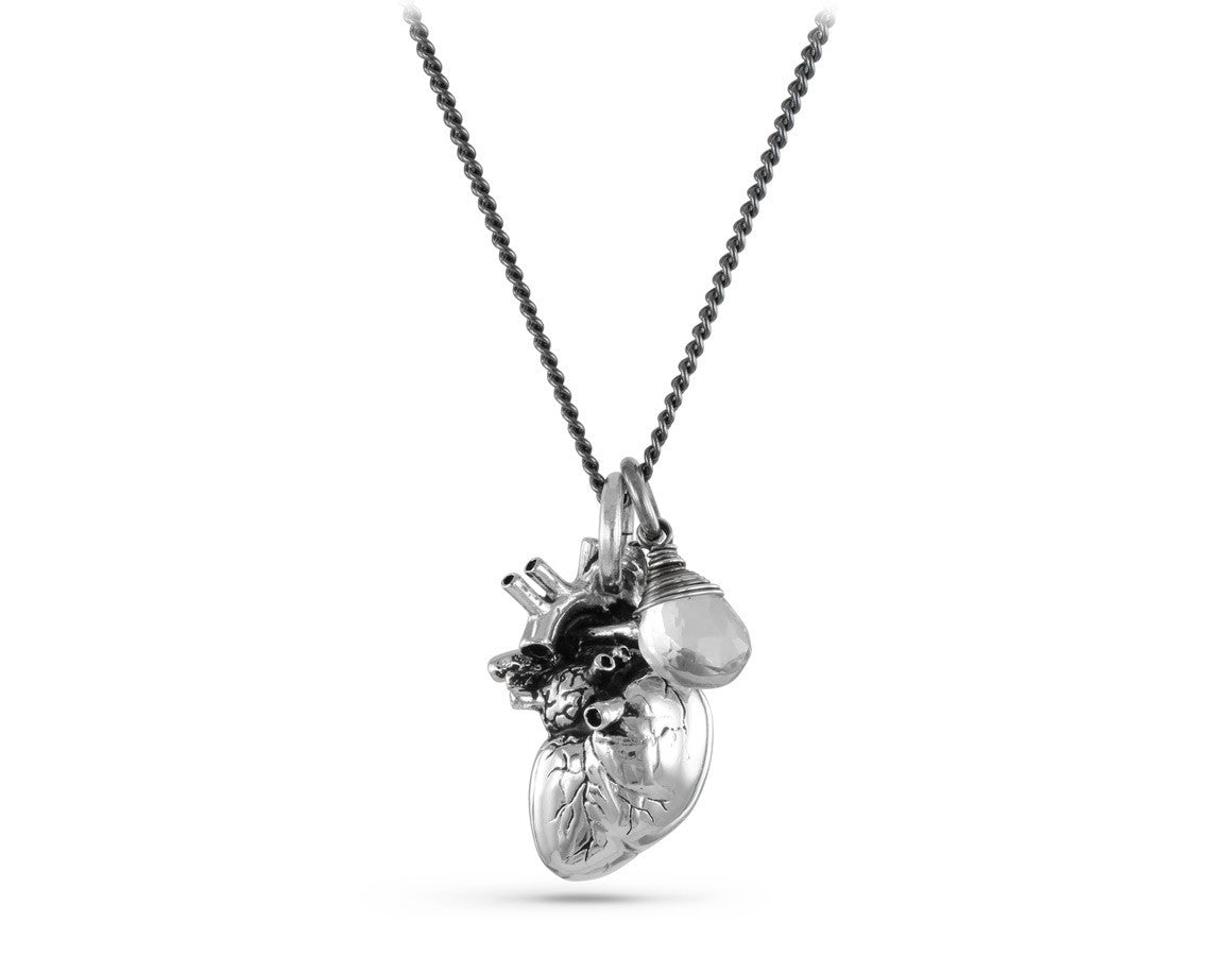 Anatomical Heart Necklace with Quartz in Silver - shown on gunmetal chain