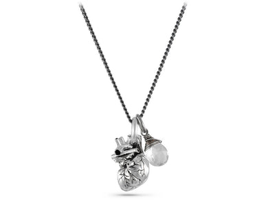 Small Anatomical Heart Necklace with Quartz in Silver - shown on gunmetal chain