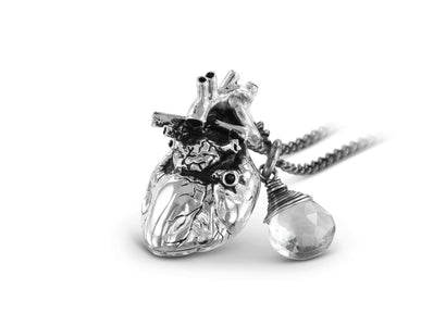 Anatomical Heart Necklace with Quartz in Silver - shown on gunmetal chain