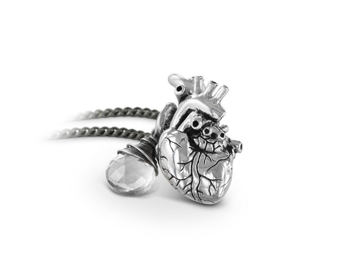 Small Anatomical Heart Necklace with Quartz in Silver - shown on gunmetal chain