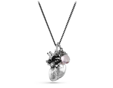 Anatomical Heart Necklace with Rose Quartz in Silver - shown on gunmetal chain