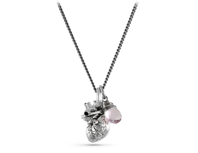 Small Anatomical Heart Necklace with Rose Quartz in Silver - shown on gunmetal chain