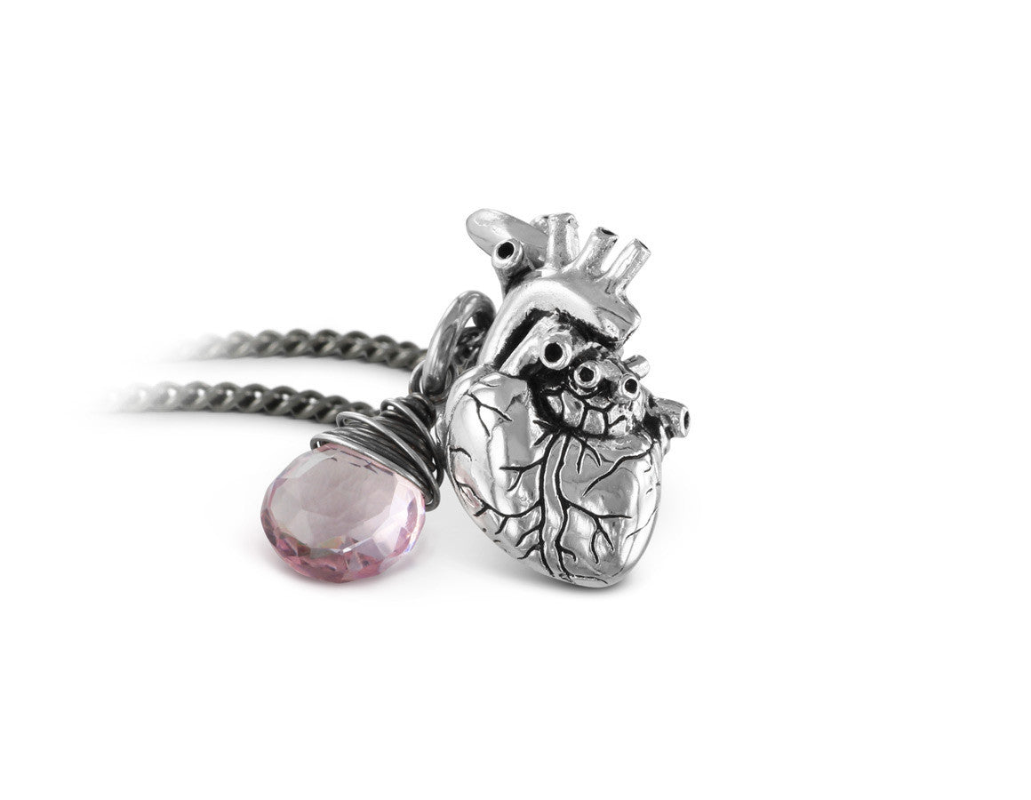 Small Anatomical Heart Necklace with Rose Quartz in Silver - shown on gunmetal chain