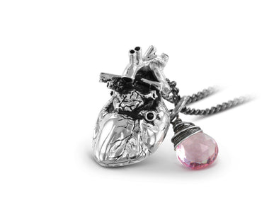 Anatomical Heart Necklace with Rose Quartz in Silver - shown on gunmetal chain