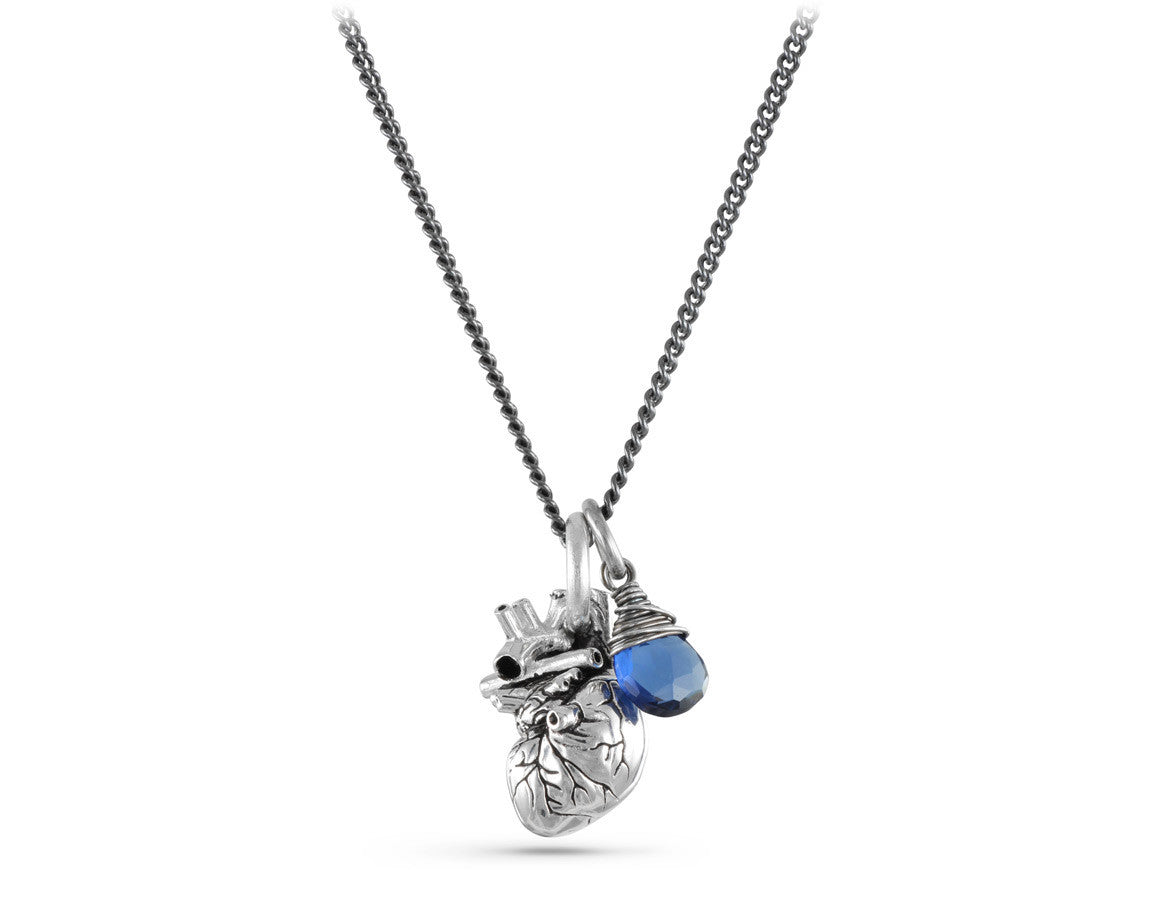 Small Anatomical Heart Necklace with Sapphire in Silver - shown on gunmetal chain