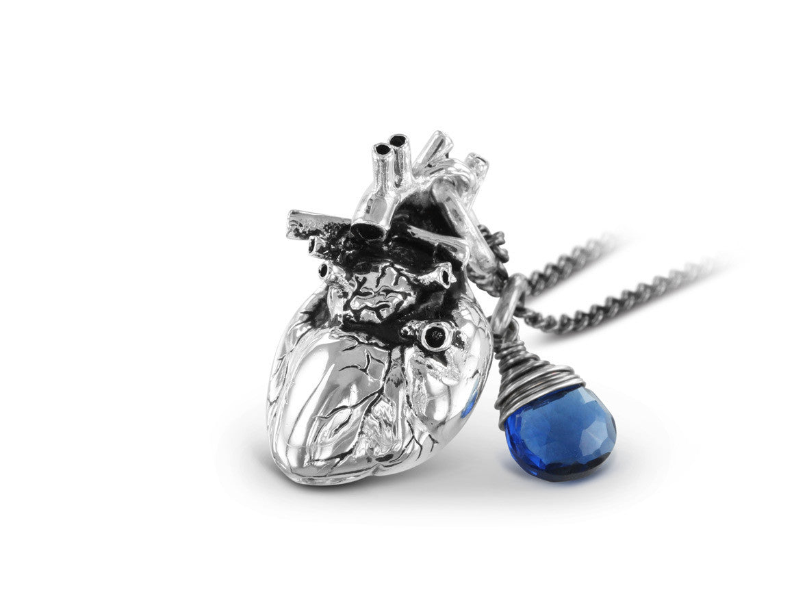 Anatomical Heart Necklace with Sapphire in Silver - shown on gunmetal chain