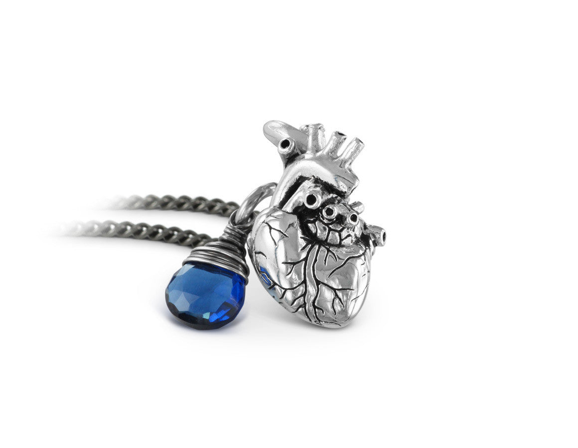 Small Anatomical Heart Necklace with Sapphire in Silver - shown on gunmetal chain