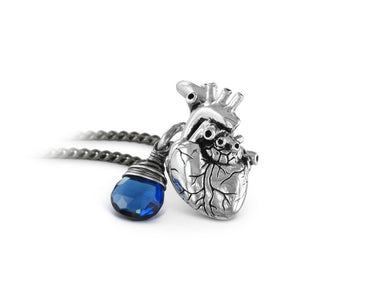 Small Anatomical Heart Necklace with Sapphire in Silver - shown on gunmetal chain