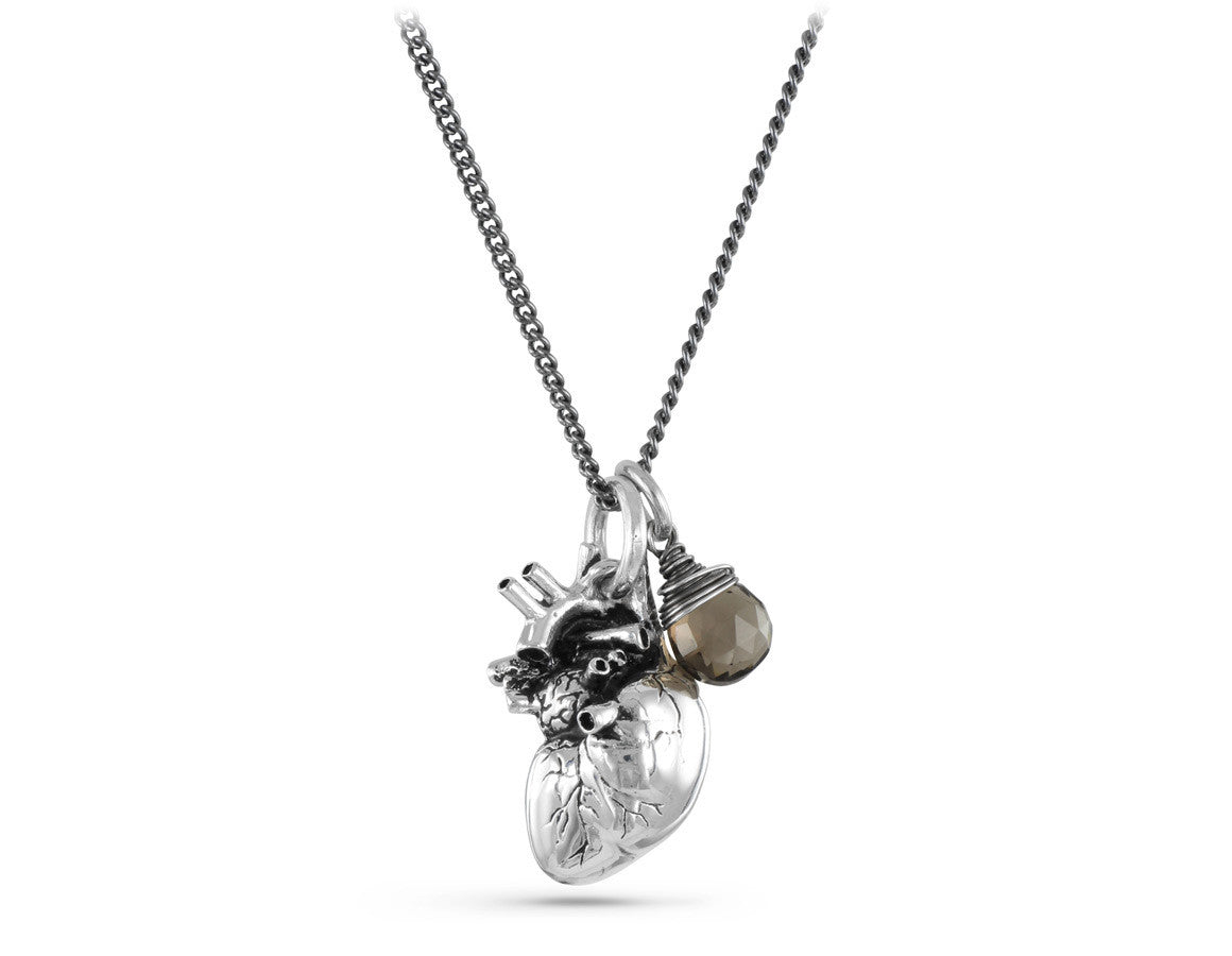 Anatomical Heart Necklace with Smokey Quartz in Silver  - shown on gunmetal chain