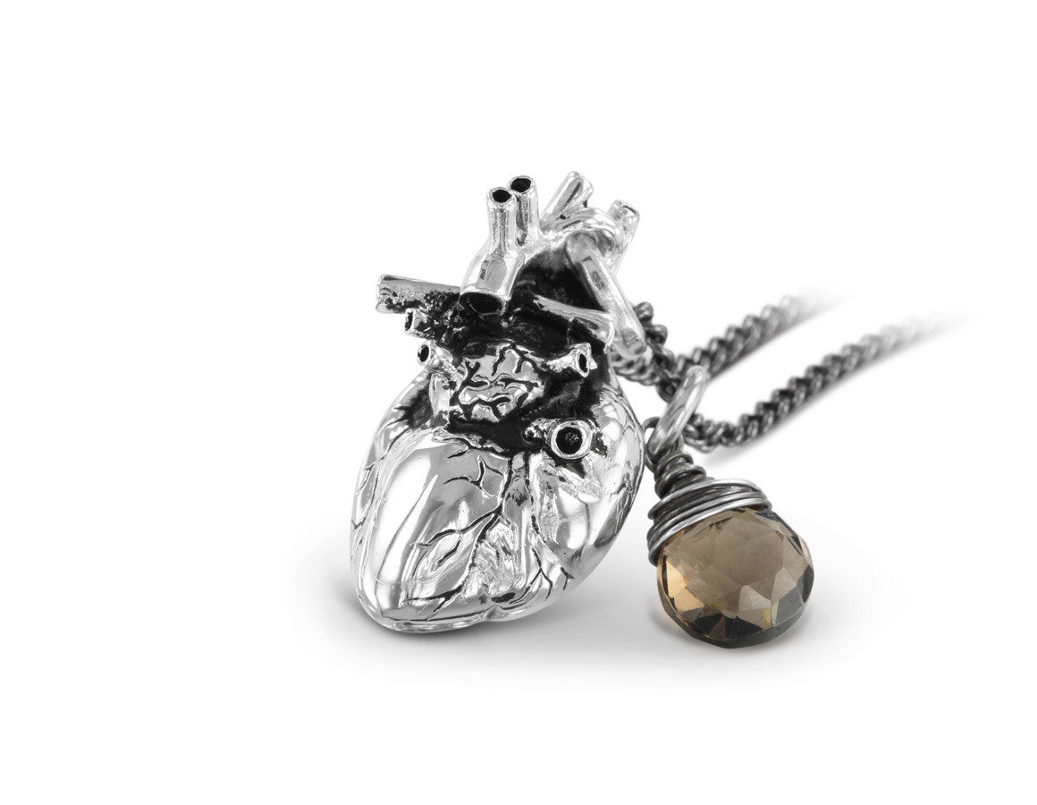 Anatomical Heart Necklace with Smokey Quartz in Silver  - shown on gunmetal chain