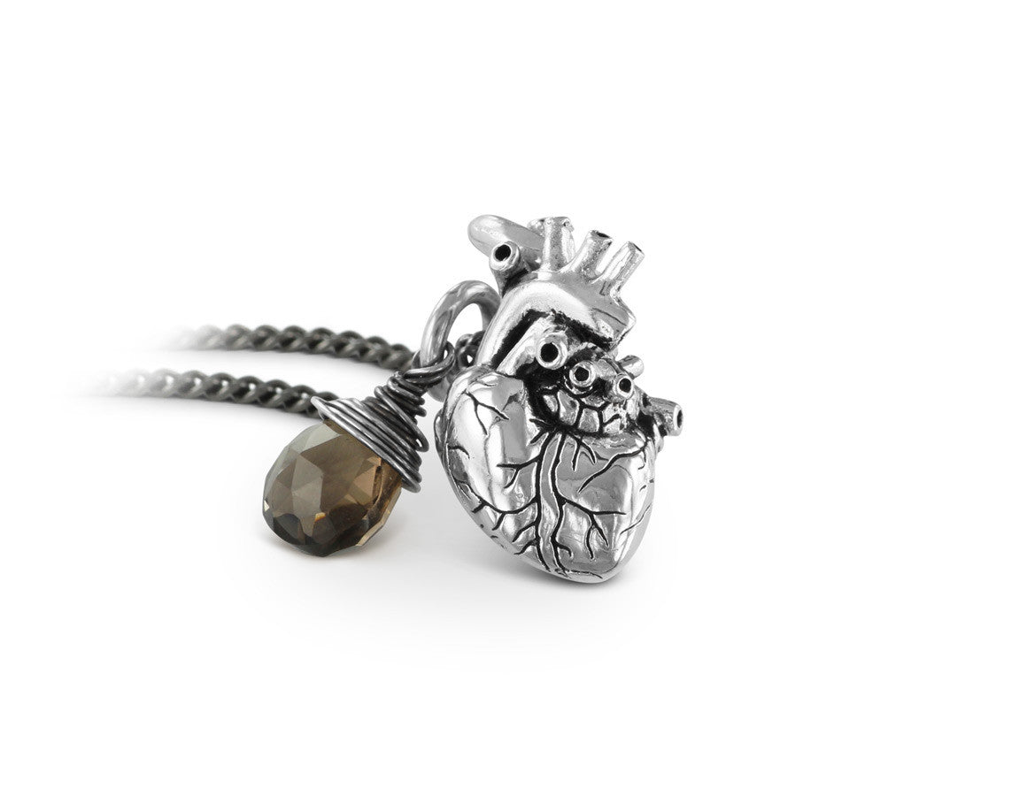 Small Anatomical Heart Necklace with Smokey Quartz in Silver - shown on gunmetal chain