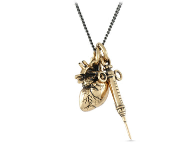 Anatomical Heart & Syringe Necklace in Bronze - shown on gunmetal chain