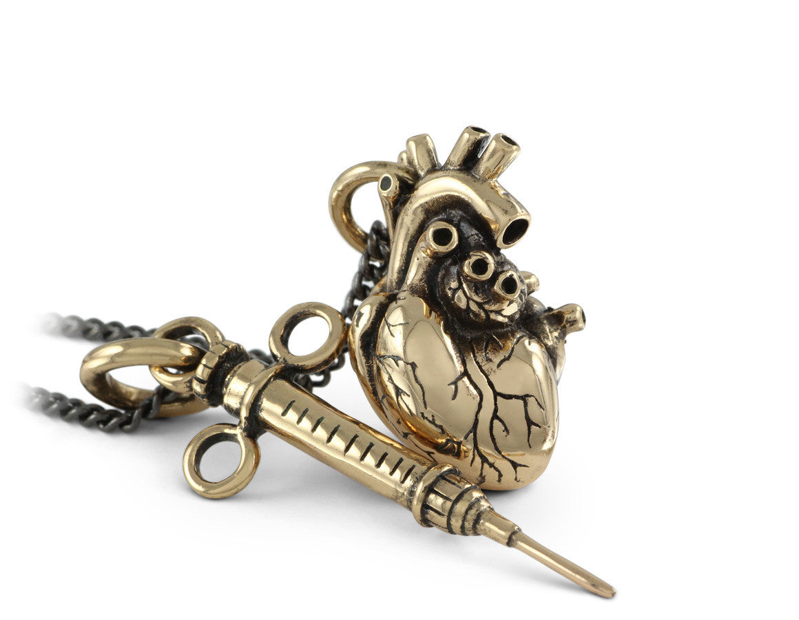 Anatomical Heart & Syringe Necklace in Bronze - shown on gunmetal chain