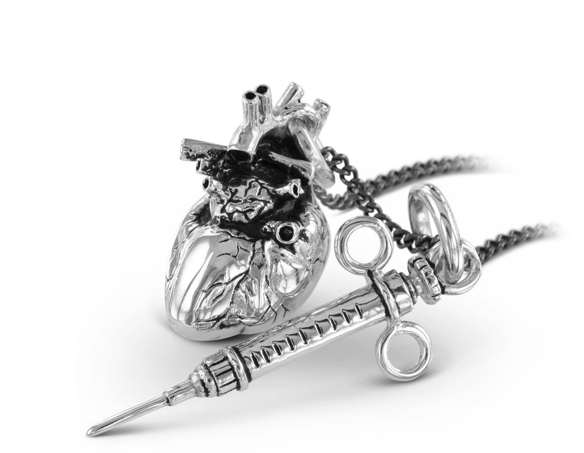 Anatomical Heart & Syringe Necklace in Silver - shown on gunmetal chain