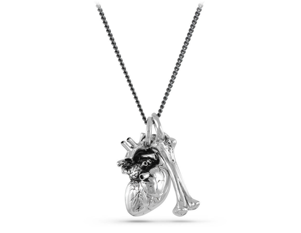 Anatomical Heart & Bone Necklace in Silver - shown on gunmetal chain