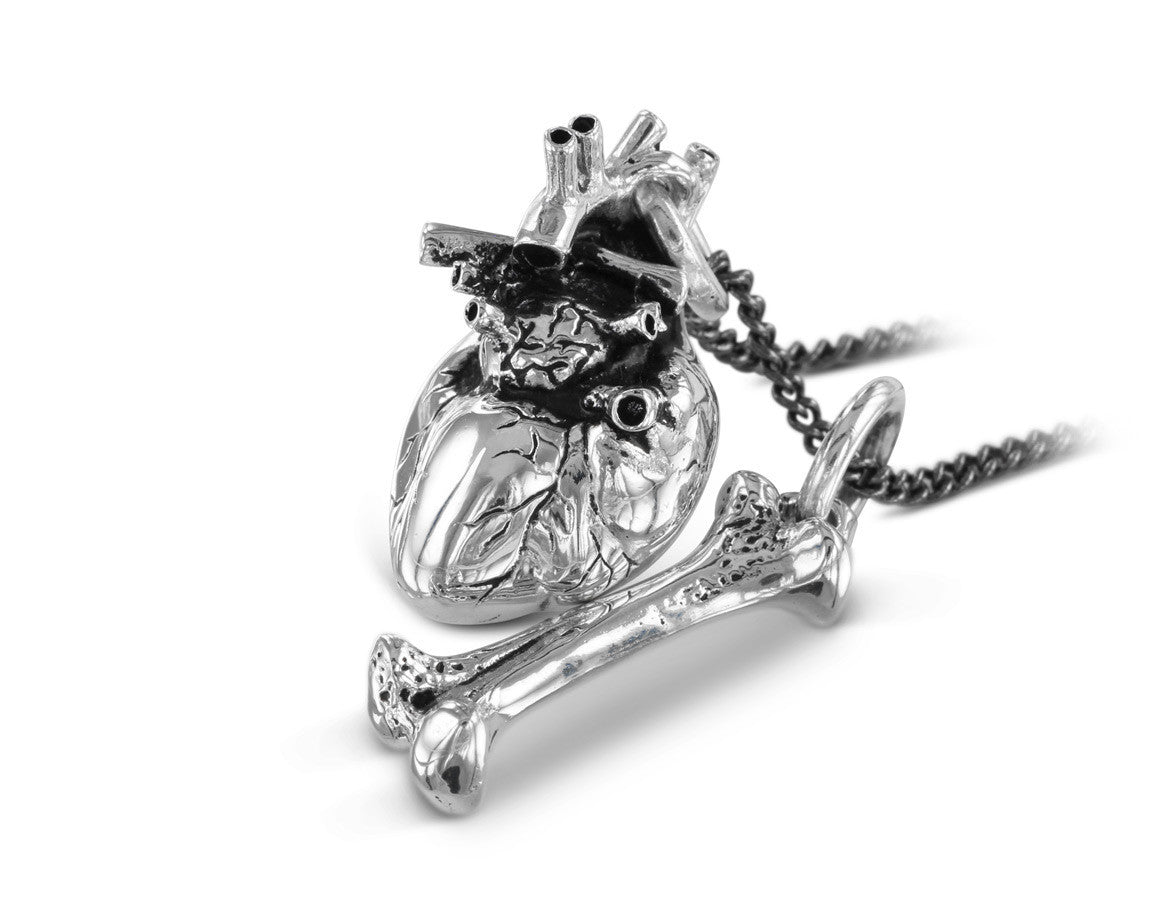 Anatomical Heart & Bone Necklace in Silver - shown on gunmetal chain